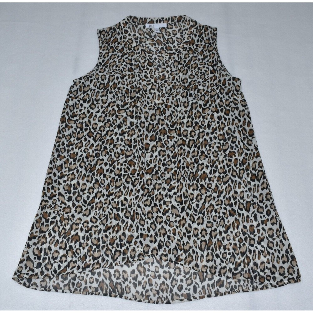 DR2 Split Neck Pleated Brown Leopard Print Blouse Top Size XS